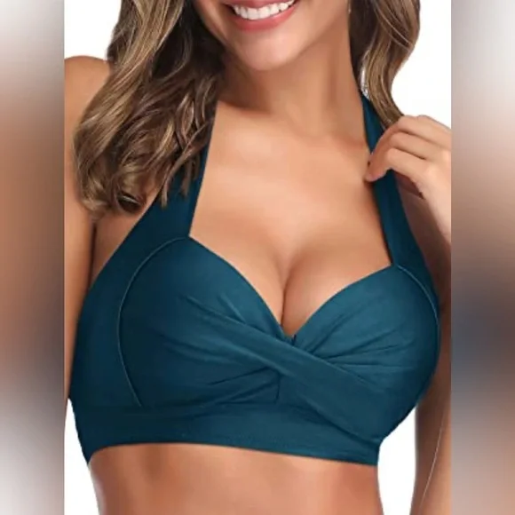 NWT Tempt Me Teal Vintage Swimsuit Retro Halter Ruched High Waist Bikini Set - Picture 8 of 16